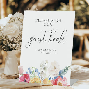 Colourful Wildflower Wedding Guest Book Table Pedestal Sign