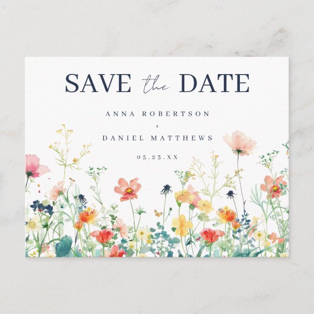 Colourful Wildflower Wedding Save the Date Postcar Invitation Postcard (Front)