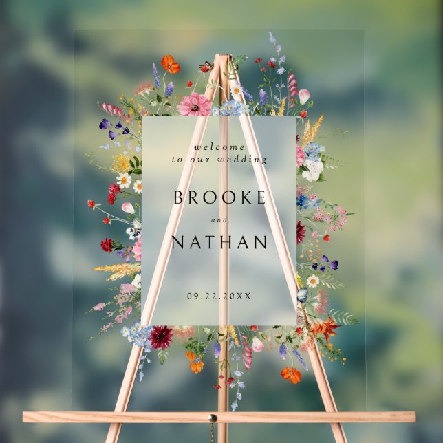 Colourful Wildflower Wedding Welcome Acrylic Sign (Neutral)