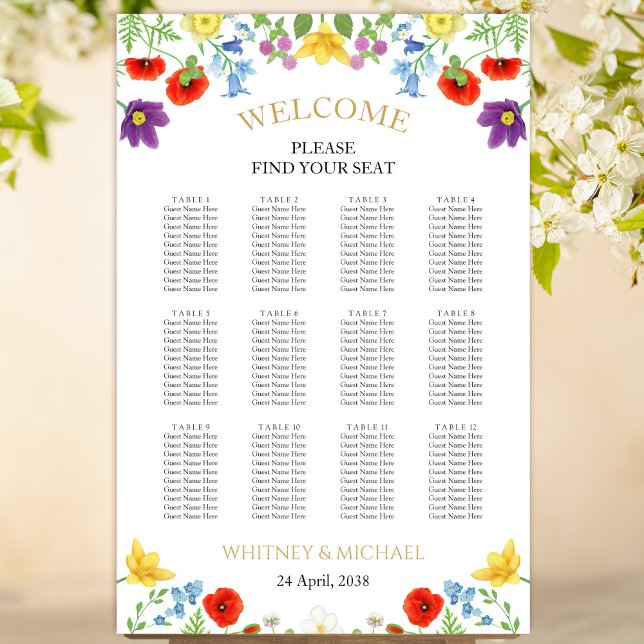 Colourful Wildflower White Wedding Seating Chart (Colorful Wildflower White Floral Wedding Seating Chart)