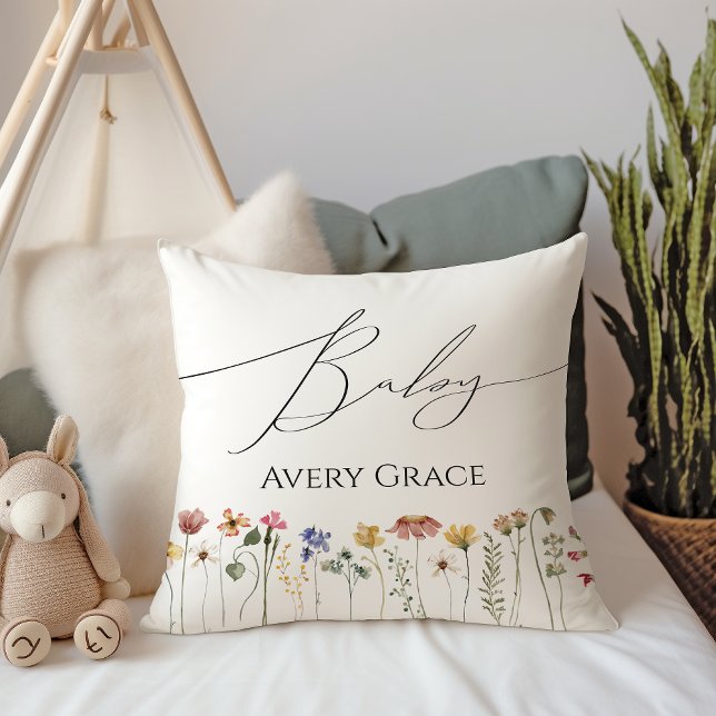 Colourful Wildflower With Baby Name Throw Pillow (Creator Uploaded)