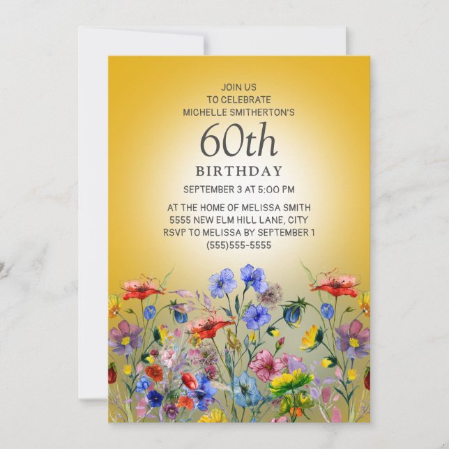 Colourful Wildflower Yellow Sunshine 60th Birthday Invitation (Front)
