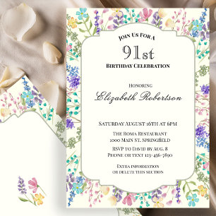 Colourful Wildflowers 91st Birthday Party Invitation