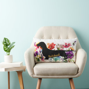 Colourful Wildflowers and Dachsund Silhouette Lumbar Pillow