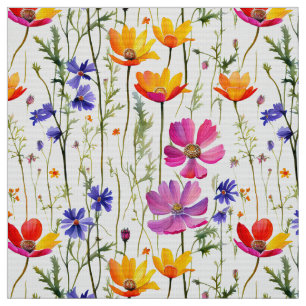 Colourful Wildflowers and Green Grass Fabric