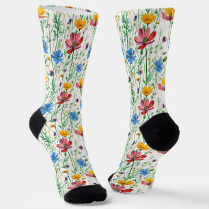 Colourful Wildflowers and Green Grass Socks