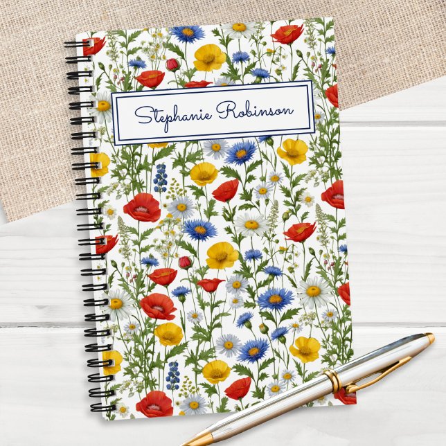 Colourful Wildflowers Beautiful Floral Personalize Notebook (A pretty notebook with colorful wildflowers pattern, personalized with a name in script typography)