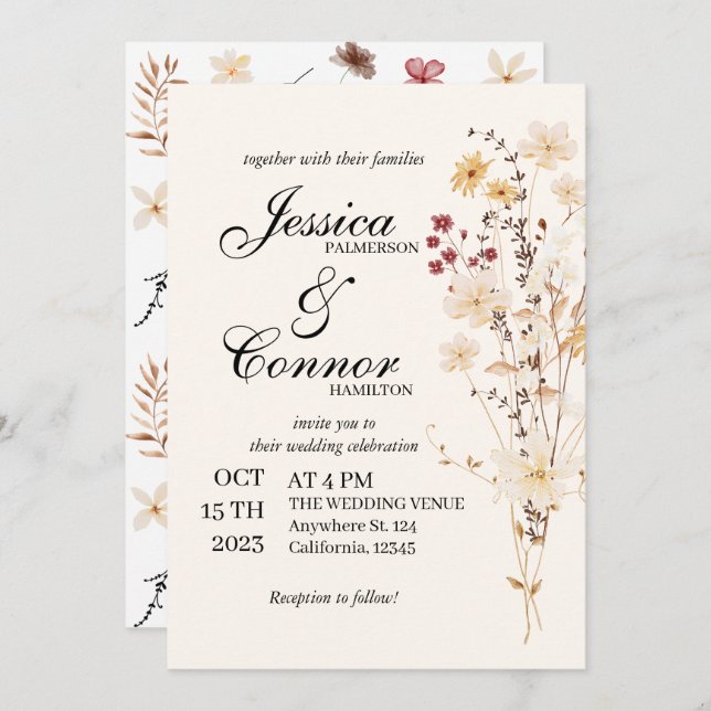 Colourful Wildflowers boho Wedding Invitation (Front/Back)