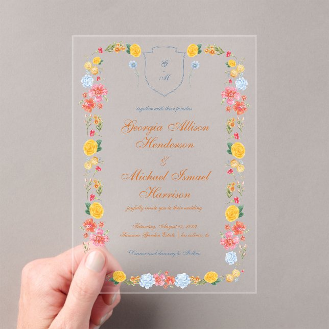 Colourful Wildflowers Crest Monogram Summer Weddin Acrylic Invitations (Insitu (Handheld))