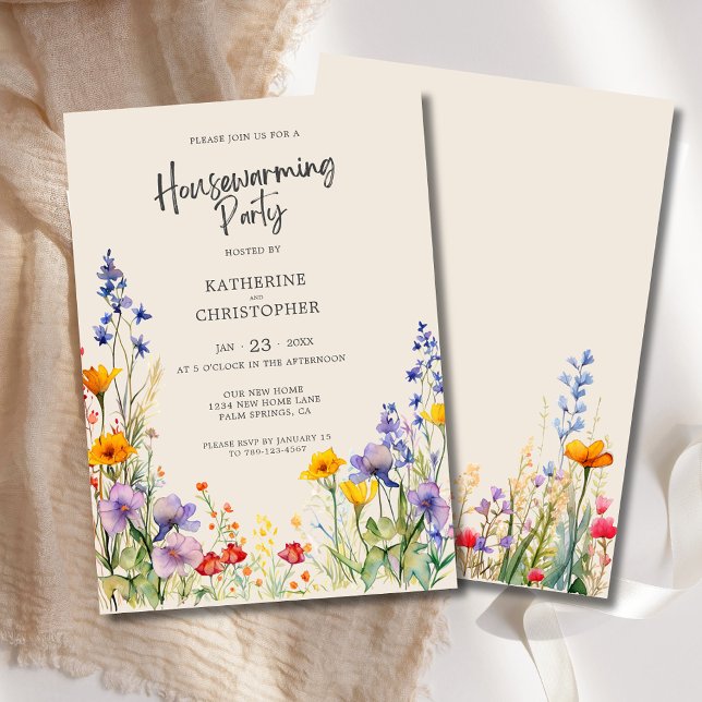 Colourful Wildflowers Custom Housewarming Party Invitation (Colorful Watercolor Wildflowers Housewarming Party Invitation with Couple's Names, Details.)