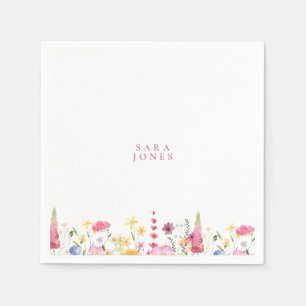 Colourful Wildflowers Custom Pink Name Baby Shower Napkin