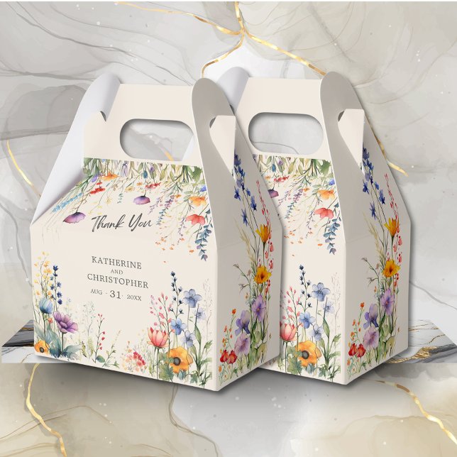 Colourful Wildflowers Elegant Beige Large Wedding Favor Box (Colorful Wildflowers Wedding Favor Thank You Gift Box with purple, orange, red flowers, wedding info)