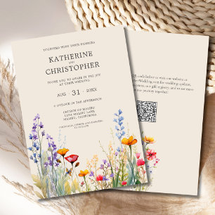 Colourful Wildflowers Elegant Beige Wedding Invitation