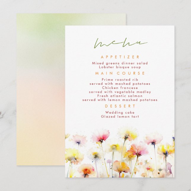 Colourful Wildflowers Elegant Wedding Menu (Front/Back)