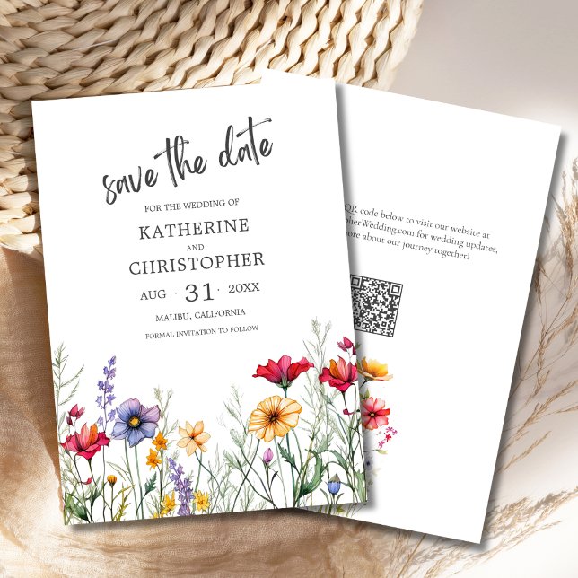 Colourful Wildflowers Elegant Wedding Save The Date (Colorful Wildflowers Elegant Watercolor Save the Date with QR Code, Pink Purple Yellow Flowers.)
