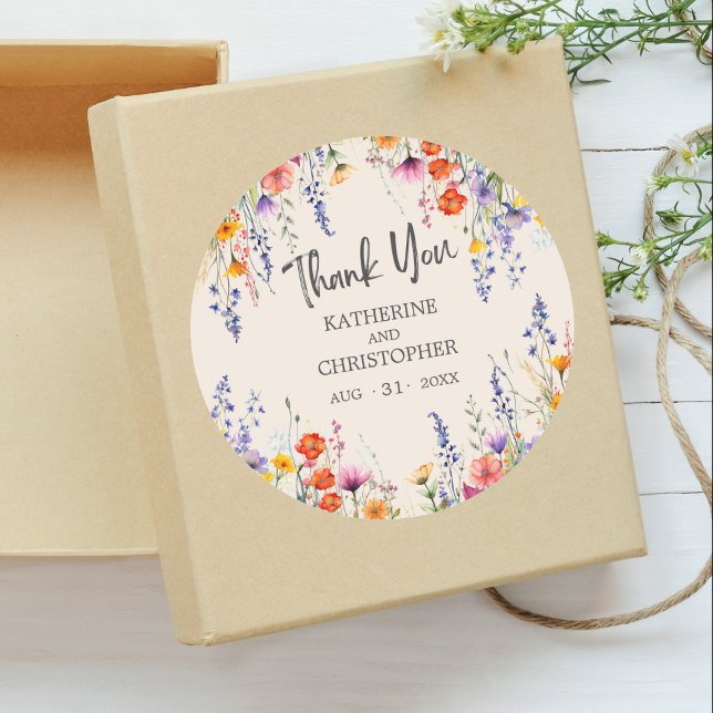 Colourful Wildflowers Elegant Wedding Thank You Classic Round Sticker (Colorful Wildflowers Wedding Thank You Sticker with purple, orange, red, yellow flowers.)