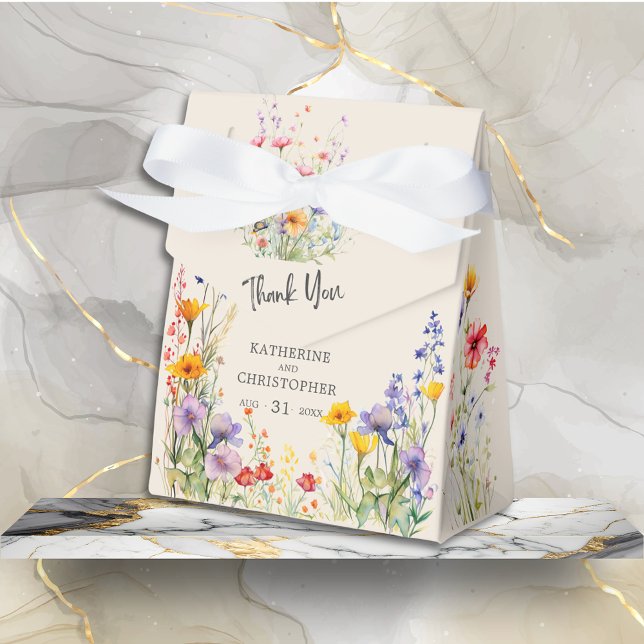 Colourful Wildflowers Elegant Wedding Thank You Favor Box (Colorful Wildflowers Thank You Wedding Favor Bag with Bow has Wedding Details, purple, orange, red.)