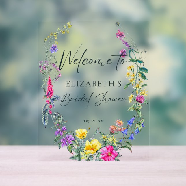 Colourful Wildflowers Floral Calligraphy Welcome Acrylic Sign (Neutral)