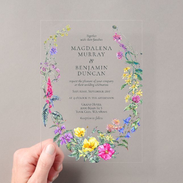 Colourful Wildflowers Floral Meadow Wreath Wedding Acrylic Invitations (Insitu (Handheld))