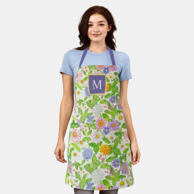 Colourful Wildflowers Floral Pattern Monogram Apro Apron (Worn)