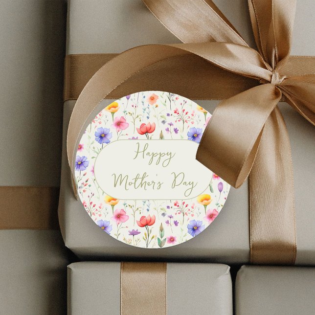 Colourful Wildflowers Green Happy Mother's Day Classic Round Sticker (Happy Mothers Day sticker from my Mother's Day Wildflower Collection)