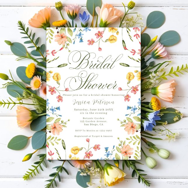 Colourful Wildflowers Green & White Bridal Shower  Invitation (Creator Uploaded)