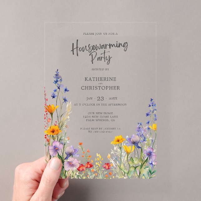 Colourful Wildflowers Housewarming Party Clear Acrylic Invitations (Insitu (Handheld))