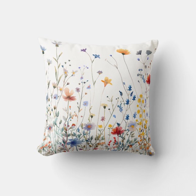 Colourful Wildflowers in Watercolor Art Throw Pillow (Front)
