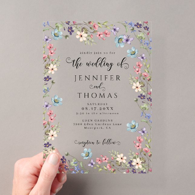 Colourful Wildflowers Modern Rustic Garden Wedding Acrylic Invitations (Insitu (Handheld))