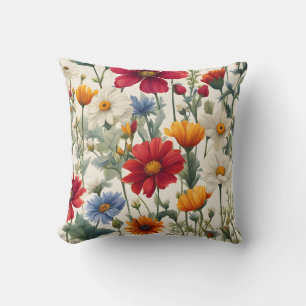 Colourful Wildflowers on a White Background Throw Pillow