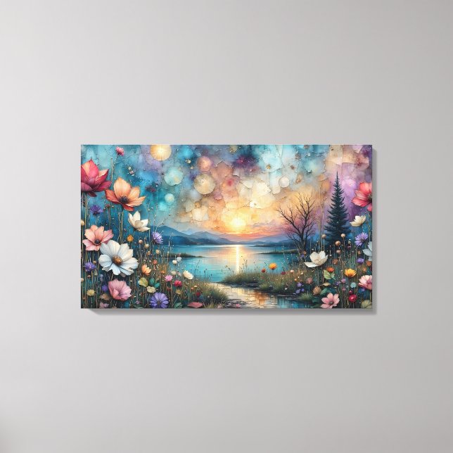 colourful wildflowers on waters edge landscape canvas print (Front)