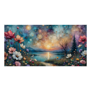 colourful wildflowers on waters edge landscape poster