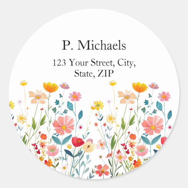 Colourful Wildflowers Round Address Label  (Front)