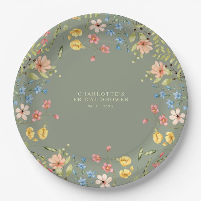 Colourful Wildflowers Sage Garden Bridal Shower Paper Plate (Front)