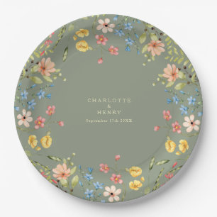 Colourful Wildflowers Sage Garden Wedding Paper Plate