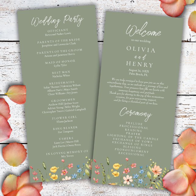 Colourful Wildflowers  Sage Green Wedding Program  (Creator Uploaded)