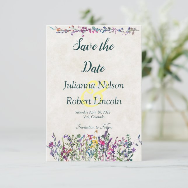 Colourful wildflowers save the date invitation (Standing Front)