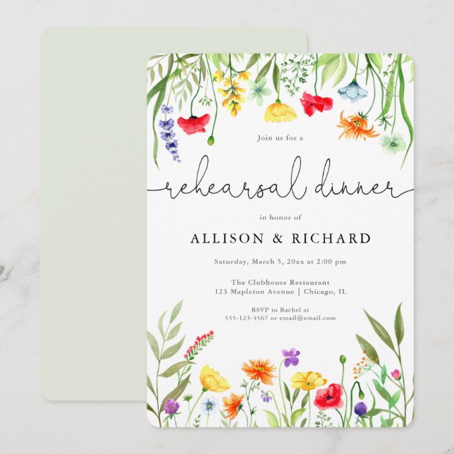 Colourful wildflowers spring rehearsal dinner invitation (Front/Back)