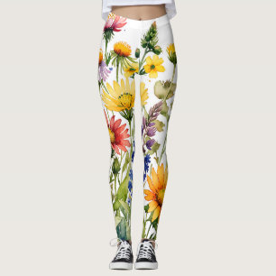 Colourful wildflowers watercolor painting leggings