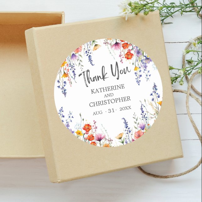 Colourful Wildflowers Wedding Elegant Thank You Classic Round Sticker (Colorful Wildflowers Wedding Elegant Thank You Round Sticker with Couple's Names, Wedding Date.
)