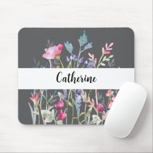 Colourful Wildflowers with Custom Name Grey Mouse  Pad