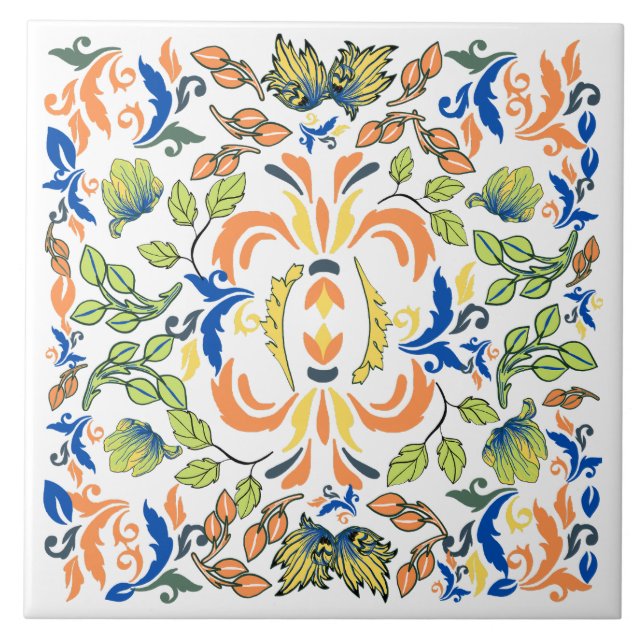 Colourful William Morris flowers and leaves green Tile (Front)