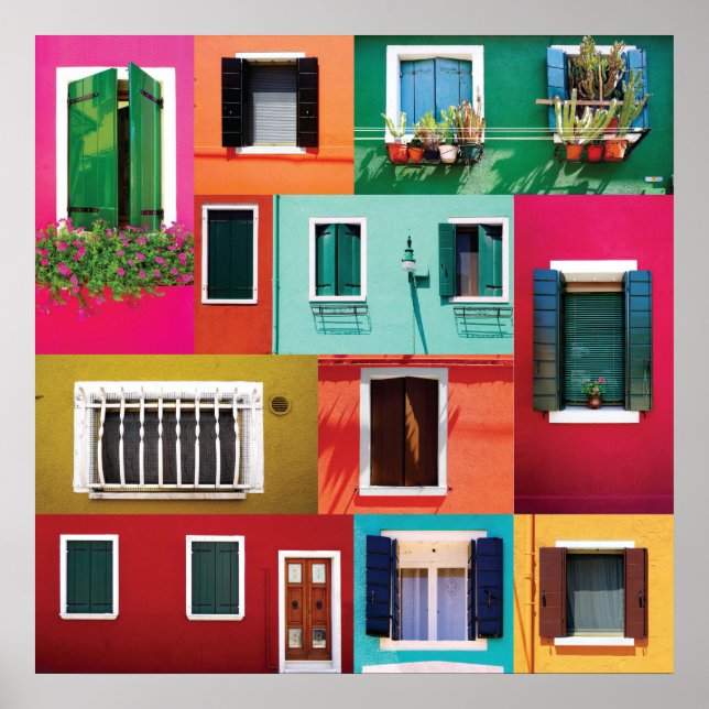 Colourful windows collection Burano island in Poster (Front)