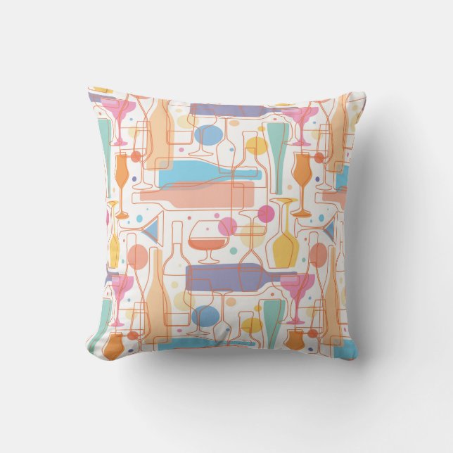 Colourful Wine Bottles and Glasses Pattern Throw Pillow (Front)