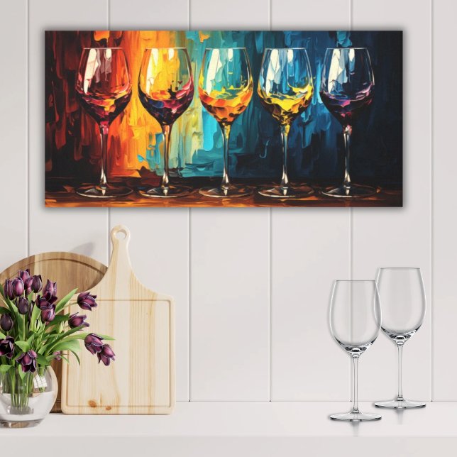 Colourful Wine Glasses Horizontal Art Canvas Print (Canvas Print Oil Painting Style Rich Colorful Moody Wine Glasses in a Row Bar Kitchen Art)