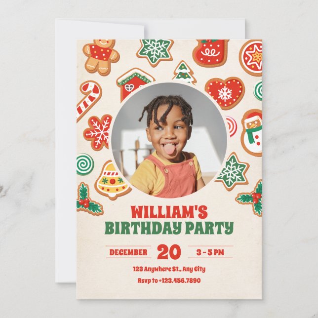 Colourful winter christmas cookies photo birthday invitation (Front)
