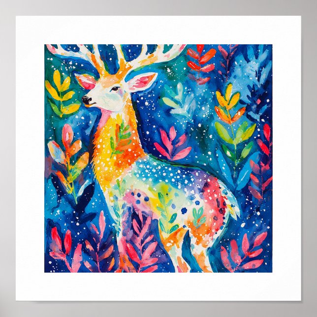 Colourful Winter Deer Watercolor Poster (Front)