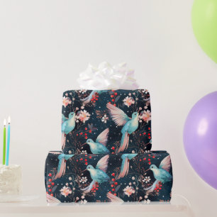 Colourful Winter Hummingbirds & Flowers Pattern Wrapping Paper