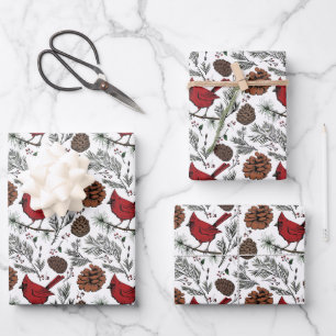 Colourful Winter Perched Red Cardinal & Pine Cones Wrapping Paper Sheet