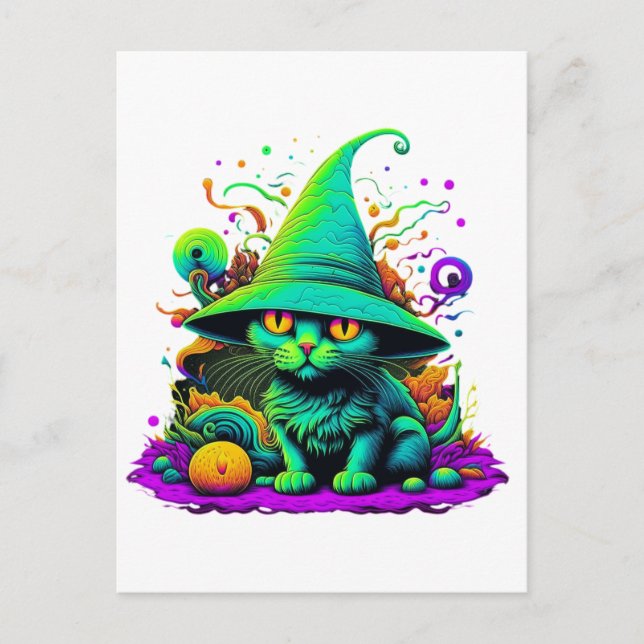 Colourful Witch Cat Postcard (Front)